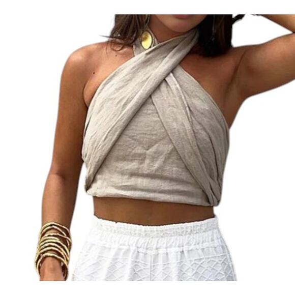 Commense Linen Cotton Halter Crop Top XL Beige Cross Front Tie Back NWT - Picture 4 of 4